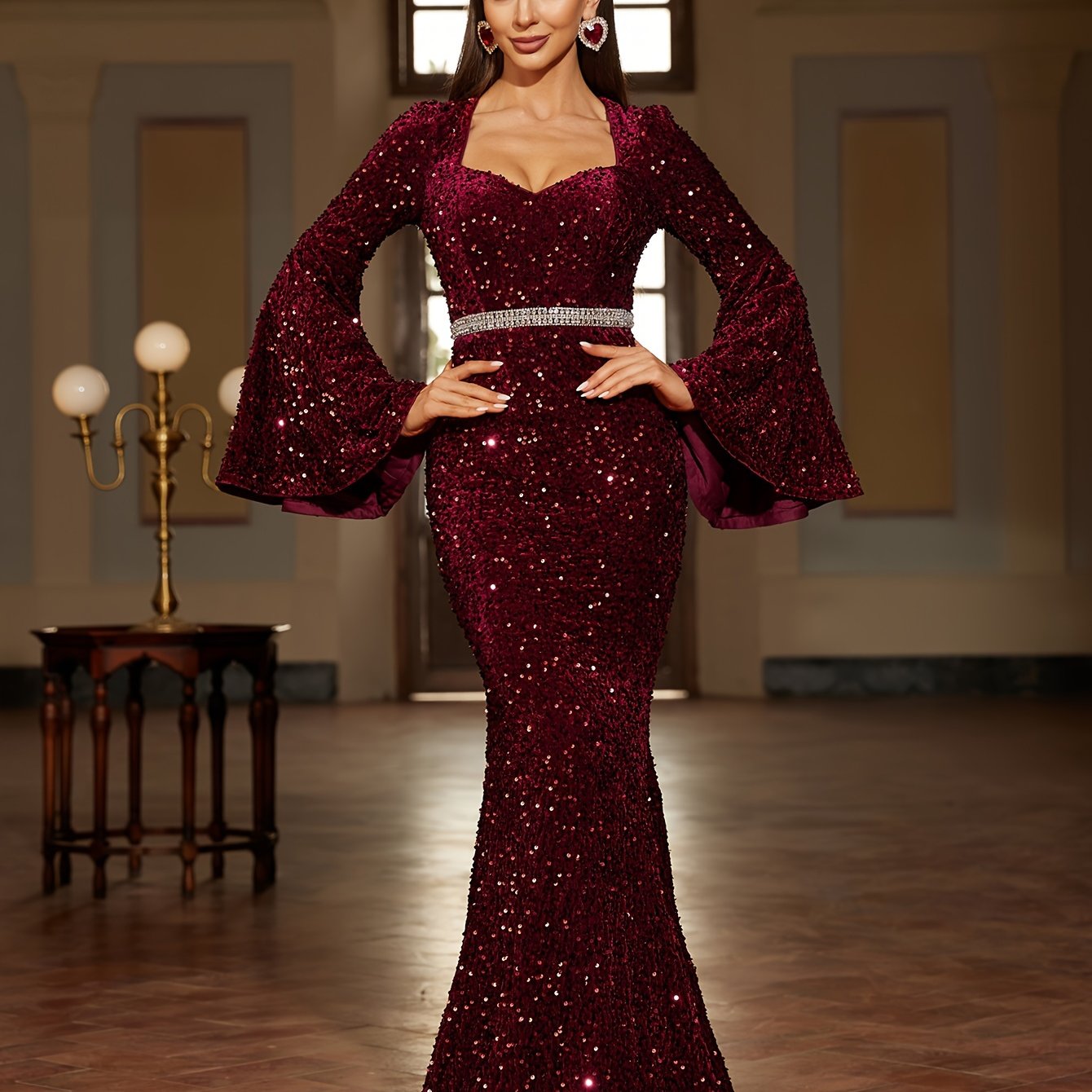 vlovelaw  Sequin Sweetheart Neck Dress, Elegant Flare Sleeve Mermaid Hem Dress For Party & Banquet, Women's Clothing