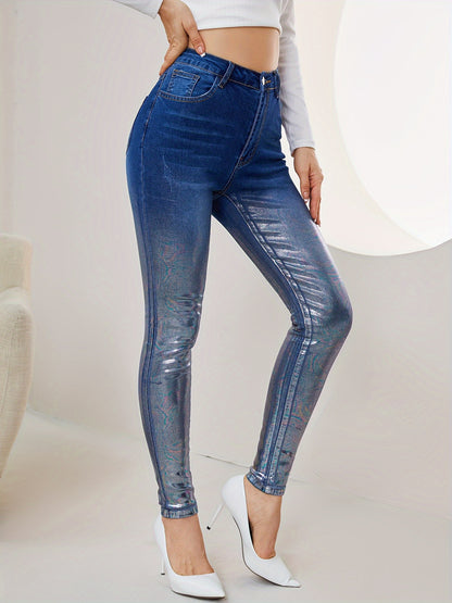 vlovelaw  Ombre Metallic Skinny Jeans, Fashion High Stretch Casual Denim Pants With Slant Pocket, Women's Denim Jeans & Clothing