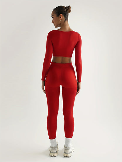 vlovelaw  Solid Color Spring Casual Two-piece Set, U Neck Long Sleeve Crop Top & Skinny Pants Outfits, Women's Clothing