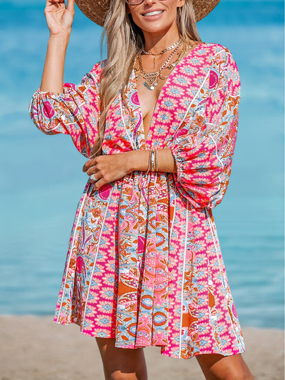 vlovelaw Floral Print V Neck Dress, Casual Lantern Sleeve Tie Back Dress For Vacation, Women's Clothing