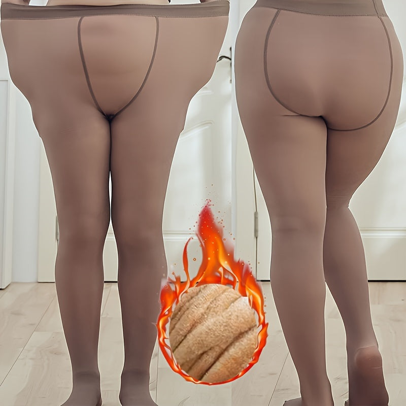 Women's Plus Casual Tights, Plus Size Solid High Waist Fake Translucent Warm Fleece Leggings Pantyhose For Fall & Winter