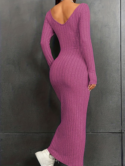 vlovelaw  Backless Long Sleeve Ribbed Dress, Casual V Neck Maxi Length Slim Dress, Women's Clothing