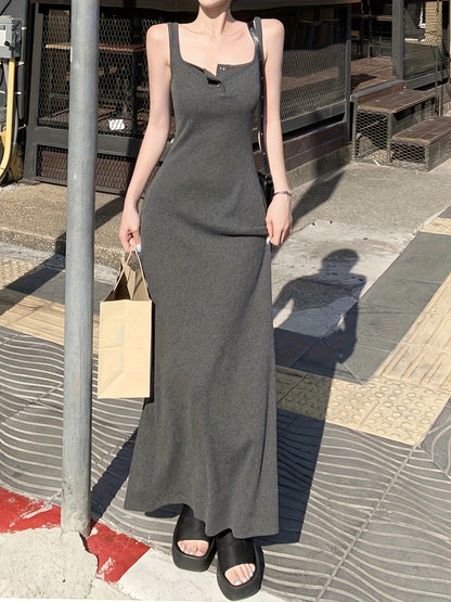 vlovelaw  Solid Button Front Tank Dress, Chic Square Neck Sleeveless A-line Ankle Length Dress, Women's Clothing