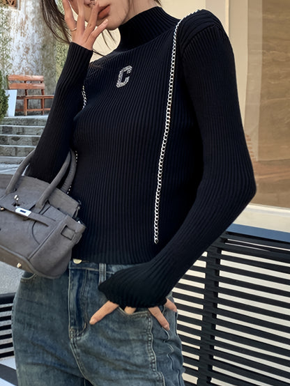 vlovelaw  vlovelaw  Letter Pattern Contrast Trim Sweater, Casual Long Sleeve Mock Neck Top, Women's Clothing