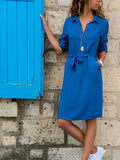vlovelaw  Tie Waist Shirt Collar Dress With Pockets On Left Chest, Solid Casual Dress For Spring & Fall, Women's Clothing