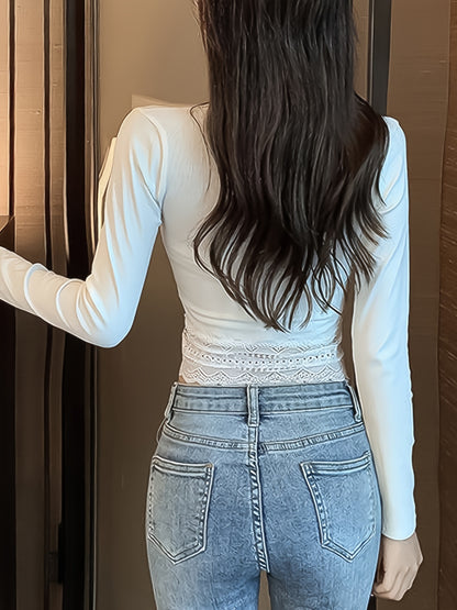 vlovelaw Lace Stitching Crew Neck Crop Blouse, Casual Button Front Long Sleeve Blouse For Spring & Fall, Women's Clothing