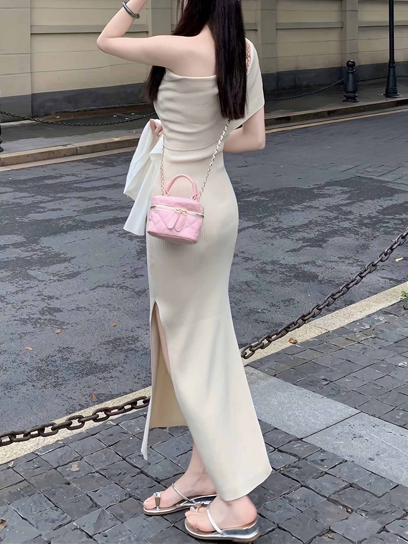 Solid Color One-shoulder Dress, Chic Skew Neck Split Hem Slim Dress, Women's Clothing