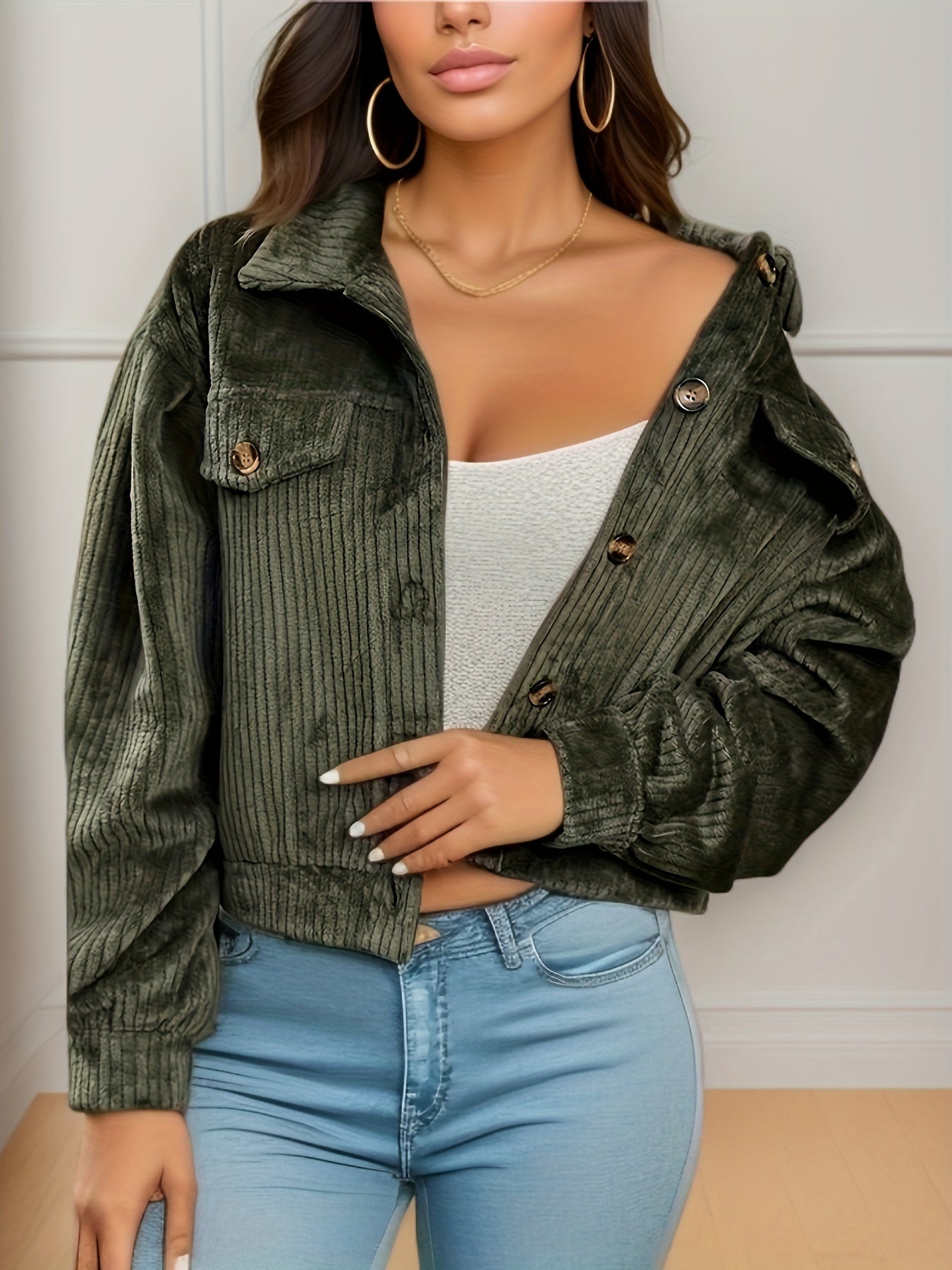 Solid Corduroy Button Front Jacket, Casual Long Sleeve Outwear For Spring & Fall, Women's Clothing