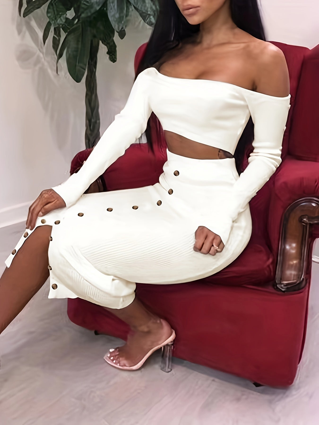 vlovelaw  Solid Color Two-piece Skirt Set, Off Shoulder Long Sleeve Crop Top & Button Decor Split Skirt Outfits, Women's Clothing