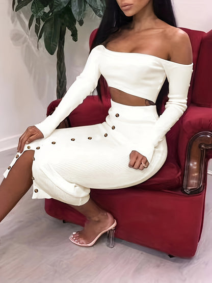 vlovelaw  Solid Color Two-piece Skirt Set, Off Shoulder Long Sleeve Crop Top & Button Decor Split Skirt Outfits, Women's Clothing