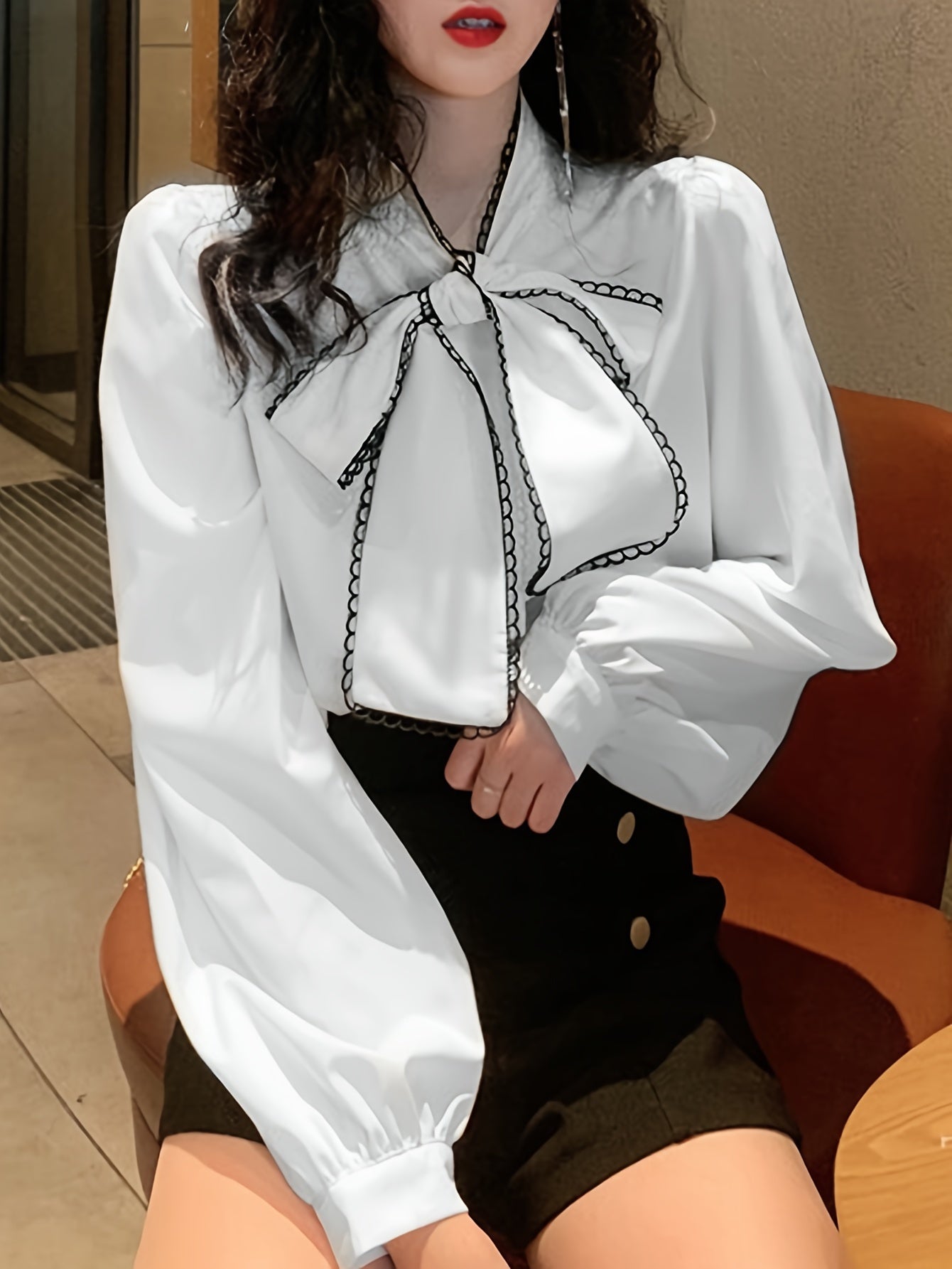 vlovelaw  Contrast Trim Tie Neck Blouse, Elegant Long Sleeve Blouse For Spring & Fall, Women's Clothing