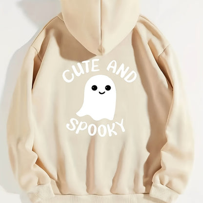 Cute Ghost Graphic Long Sleeve Fleece Hooded Sweatshirts For Halloween, Drawstring Sports Hoodie With Front Pocket, Women's Sporty Sweatshirts