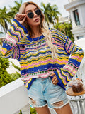 vlovelaw Hollow Striped Knit Sweater, Casual Crew Neck Long Sleeve Sweater, Women's Clothing