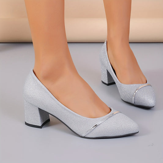 vlovelaw  Women's Solid Color Glitter Shoes, Shallow Mouth Slip On Dress Chunky Heels, Point Toe Dress Shoes