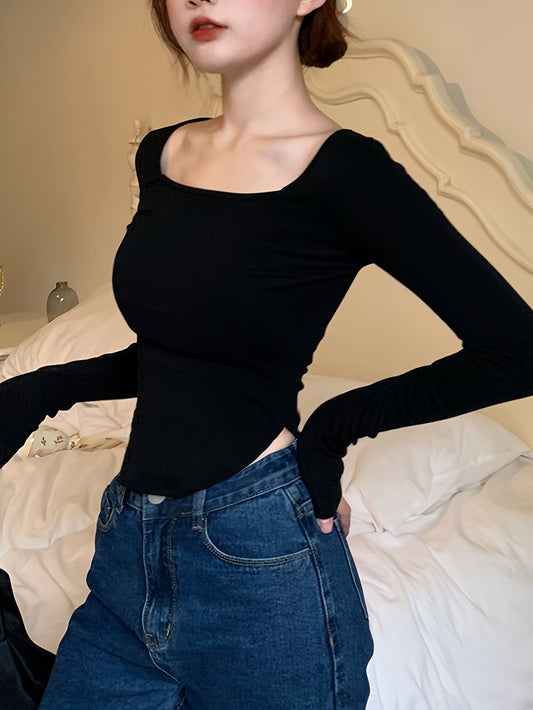 vlovelaw Solid Square Neck Curved Hem T-Shirt, Versatile Long Sleeve T-Shirt For Spring & Fall, Women's Clothing
