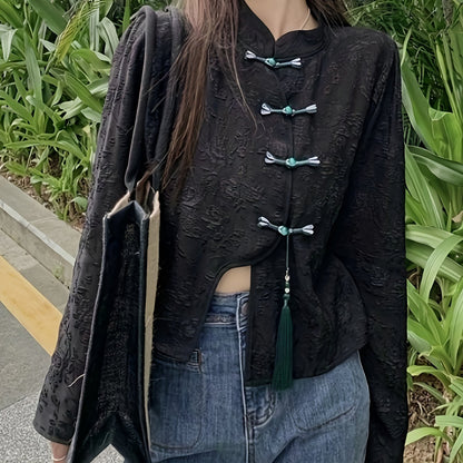 vlovelaw  Contrast Trim Frog Button Tassel Tang Top, Vintage Long Sleeve Top For Spring & Fall, Women's Clothing