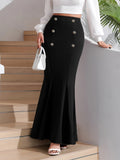 vlovelaw  Solid Double Breasted Mermaid Skirt, Elegant Bodycon Ruffle Hem Skirt For Spring & Fall, Women's Clothing