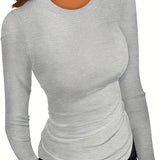 vlovelaw Solid Ribbed Long Sleeve Skinny T-shirt, Versatile Crew Neck Slim Top, Women's Clothing