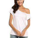 vlovelaw  Solid Slanted Shoulder Short Sleeve T-shirt, Asymmetrical Casual Loose Summer T-shirt, Women's Clothing