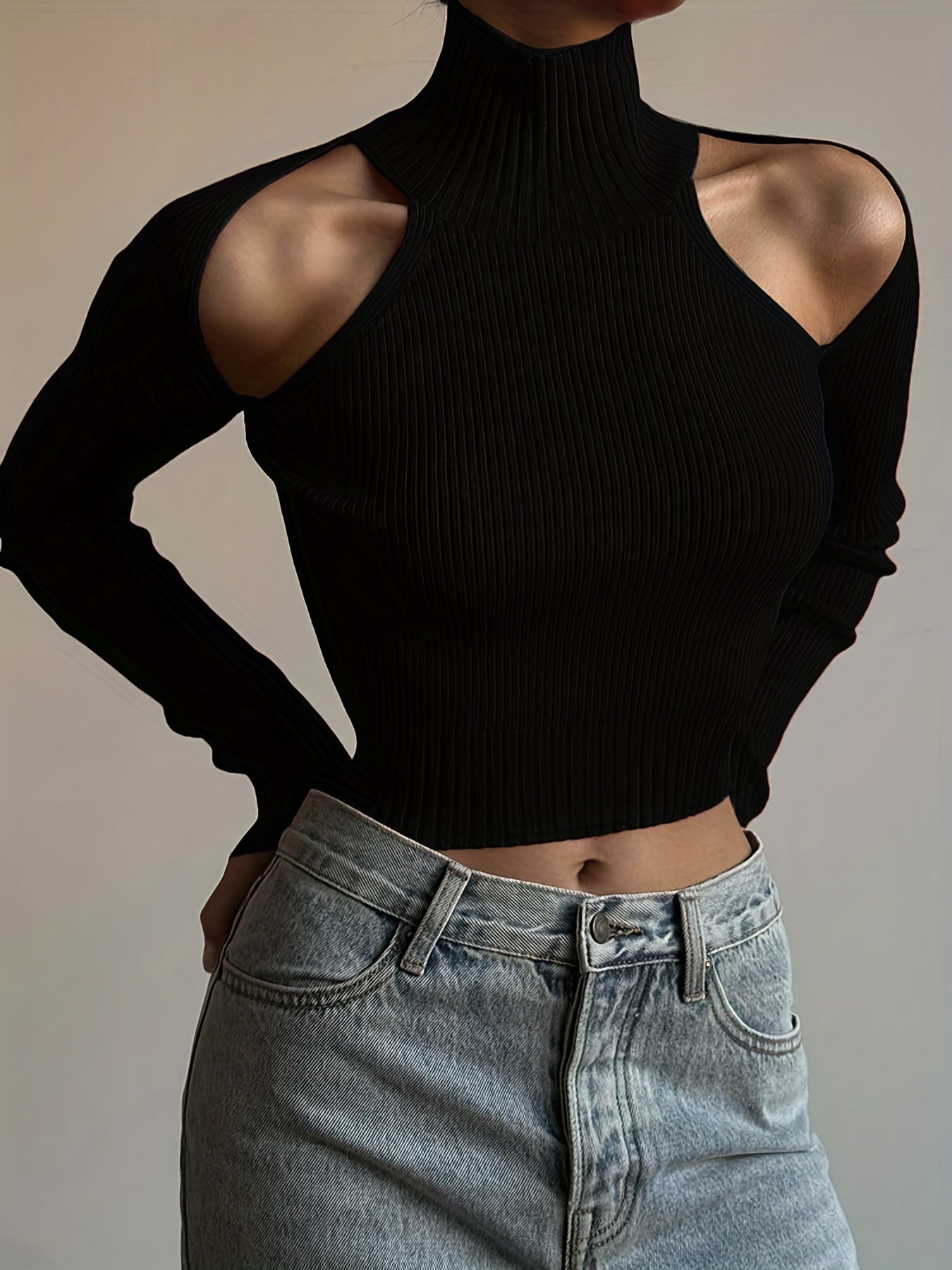 vlovelaw  Cold Shoulder Mock Neck Knitted Sweater, Casual Solid Long Sleeve Sweater, Women's Clothing