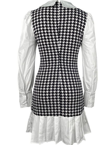 Houndstooth Print 2 In 1 Blouse With Dress, Elegant Long Sleeve Dress For Spring & Fall, Women's Clothing