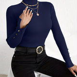 vlovelaw  Solid Turtle Neck Slim Pullover Sweater, Casual Long Sleeve Fake Button Sweater For Fall & Winter, Women's Clothing