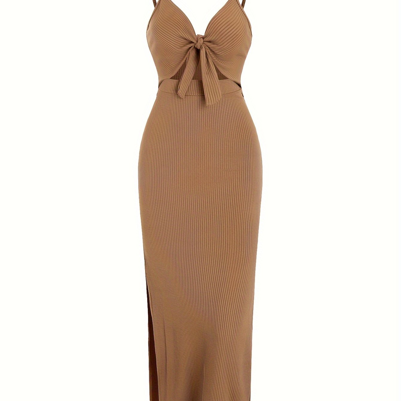 vlovelaw Sexy Spaghetti Strap Ribbed Knot Cutout Side Split Maxi Dress, Solid Body-Con Dress For Spring & Fall, Women's Clothing