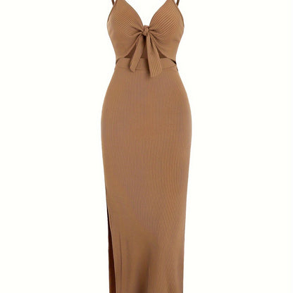 vlovelaw Sexy Spaghetti Strap Ribbed Knot Cutout Side Split Maxi Dress, Solid Body-Con Dress For Spring & Fall, Women's Clothing