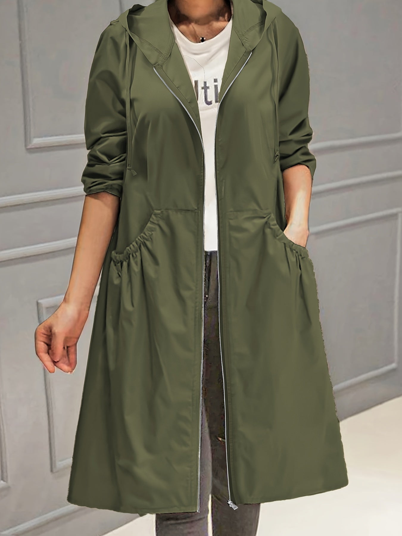 vlovelaw  Plus Size Casual Trench Coat, Women's Plus Solid Long Sleeve Hooded Drawstring Zipper Longline Trench Coat With Pockets