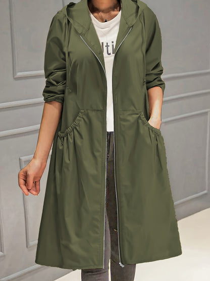 vlovelaw  Plus Size Casual Trench Coat, Women's Plus Solid Long Sleeve Hooded Drawstring Zipper Longline Trench Coat With Pockets