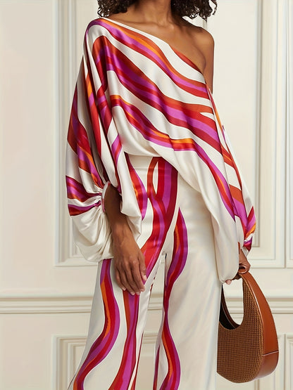 vlovelaw  Abstract Print One-shoulder Blouse, Casual Lantern Sleeve Blouse For Spring & Fall, Women's Clothing