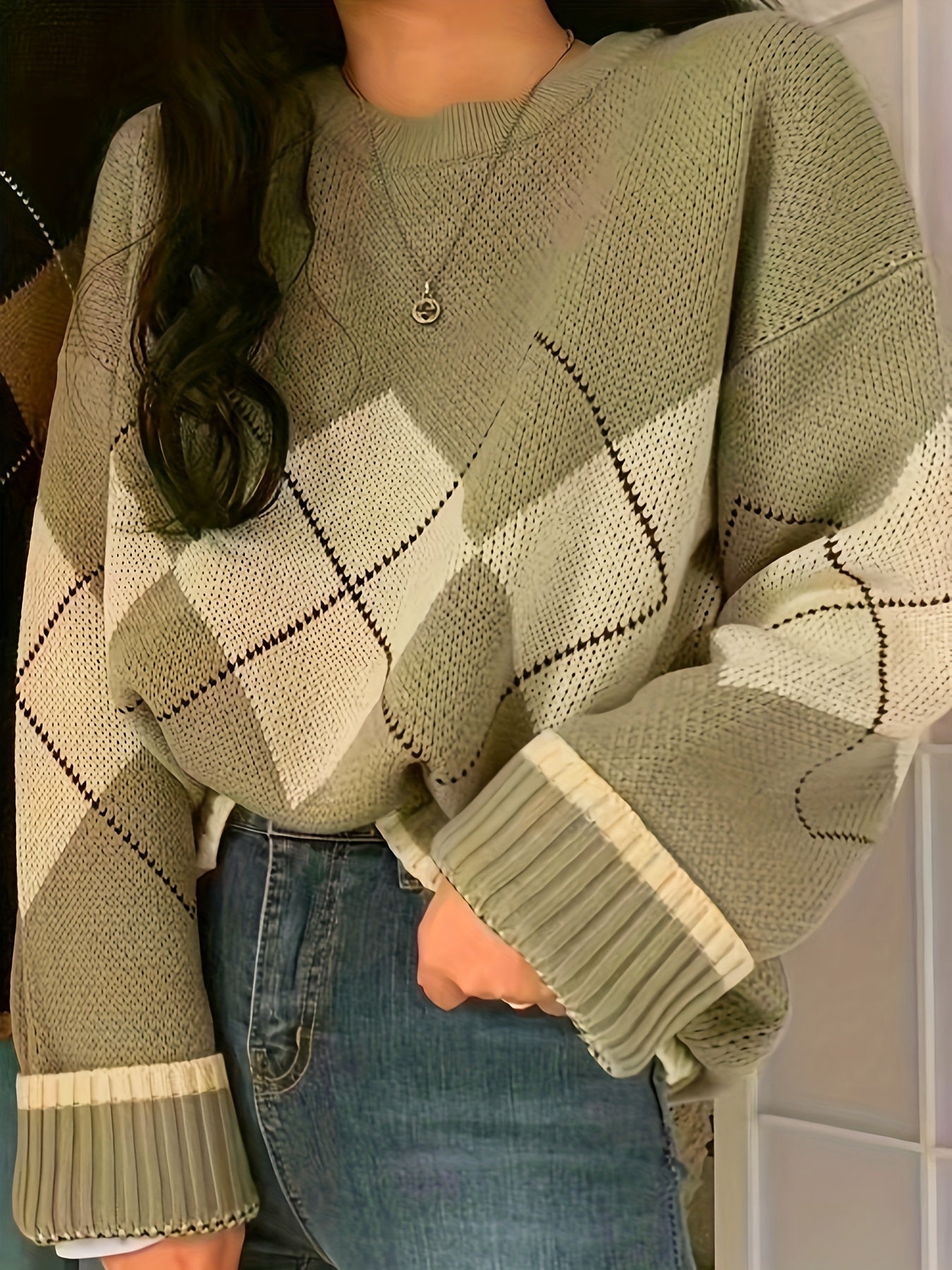 vlovelaw  Argyle Pattern Crew Neck Pullover Sweater, Vintage Long Sleeve Loose Sweater, Women's Clothing