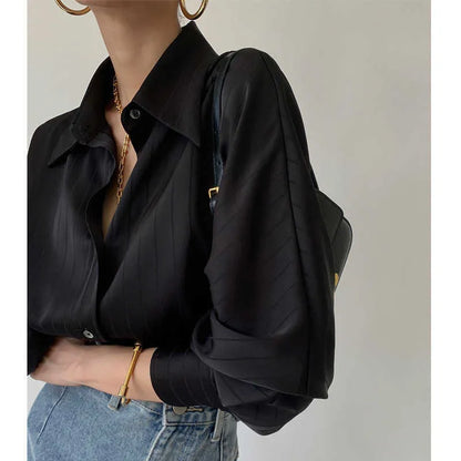 Women's Blouses Shirts Satin Silk Blouse Women  Elegant Lapel Button Up Shirt Long Sleeve Fashion Pleats Tunic Tops Casual Party Blusa Mujer T230508