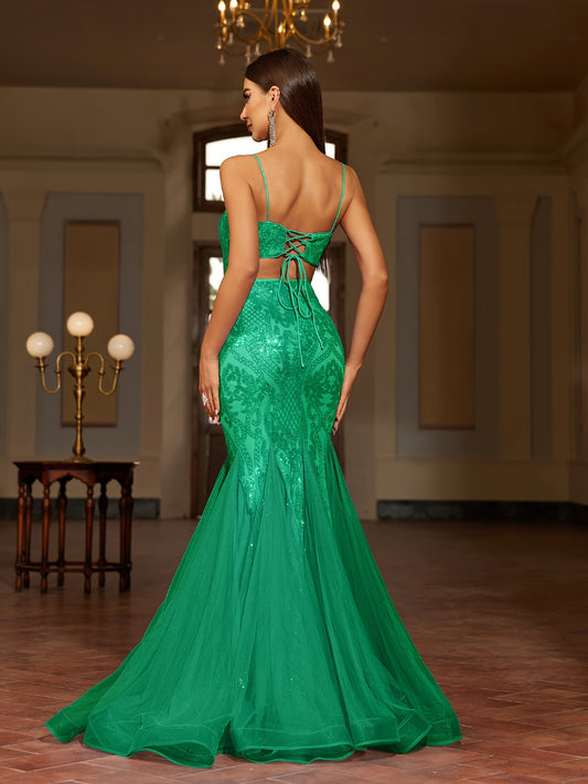 vlovelaw  Sequin Mesh Spaghetti Strap Dress, Elegant Tie Back Evening Dress For Party & Banquet, Women's Clothing