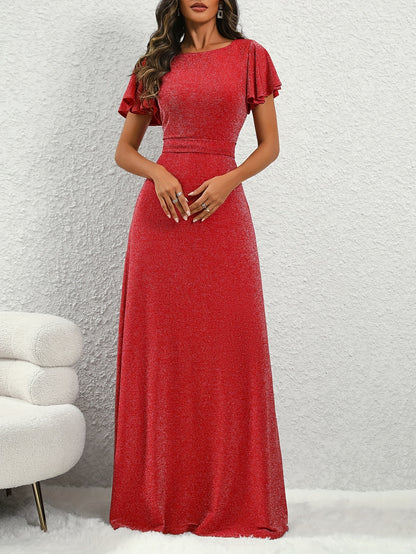 vlovelaw  Flutter Sleeve Floor Length A-line Dress, Elegant Crew Neck Tie-waist Dress For Party & Banquet, Women's Clothing