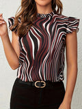 Casual Allover Print Ruffle Trim Blouse, Mock Neck Short Sleeve Blouse For Spring & Summer, Women's Clothing
