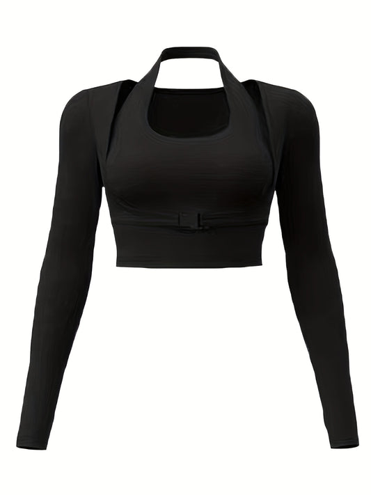 vlovelaw  Halter Neck Long-Sleeved Top With Chest Pad Shockproof, Solid Color Yoga Top, Women's Tops