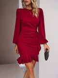 vlovelaw  Solid Crew Neck Dress, Elegant Long Sleeve Ruffle Hem Dress, Women's Clothing