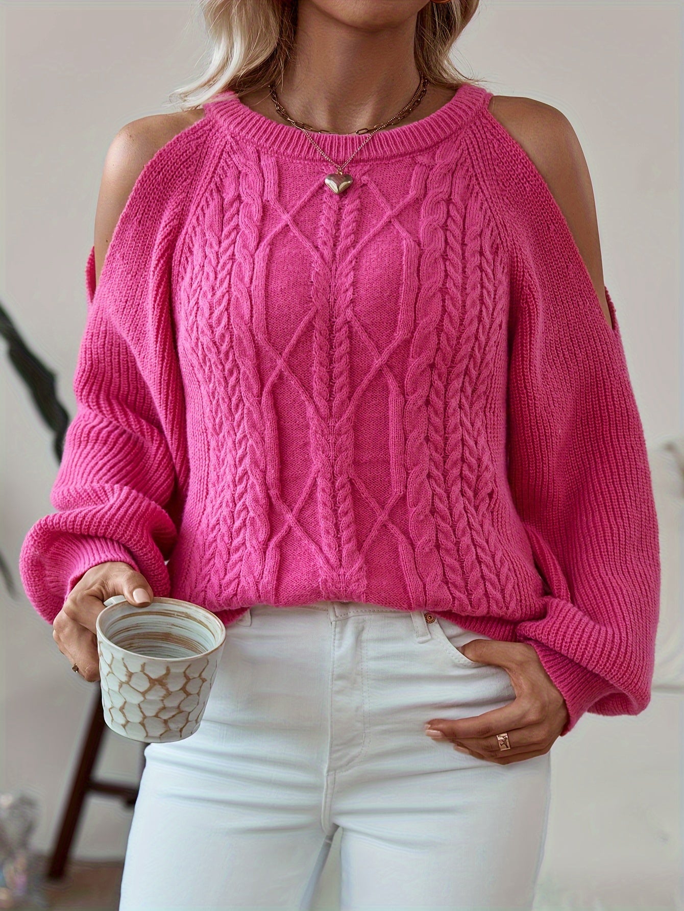 vlovelaw  vlovelaw  Solid Cold Shoulder Cable Knit Sweater, Casual Crew Neck Long Sleeve Sweater, Women's Clothing