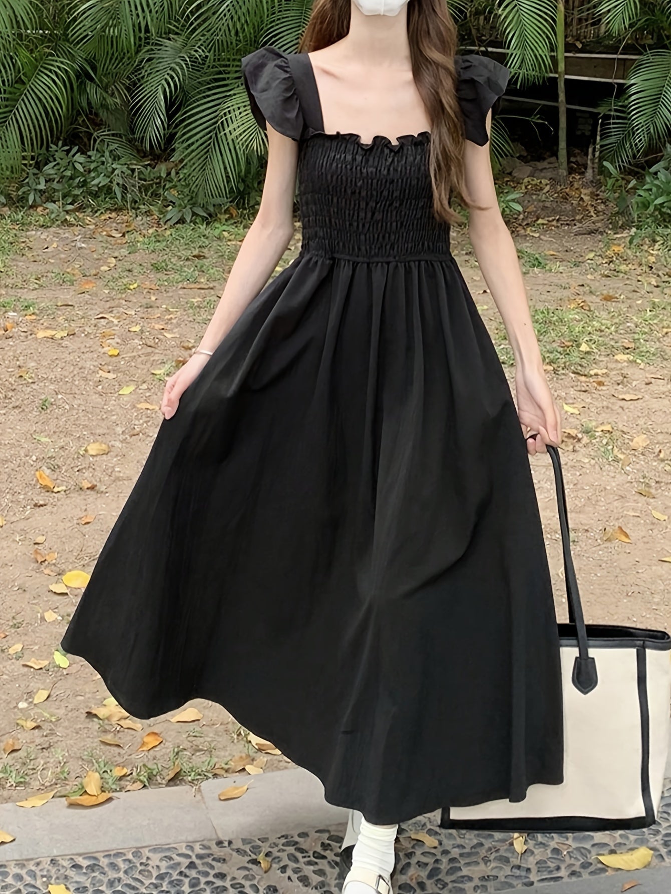 vlovelaw  Solid Square Neck Dress, Elegant Ruffle Sleeve Shirred Dress For Spring & Summer, Women's Clothing