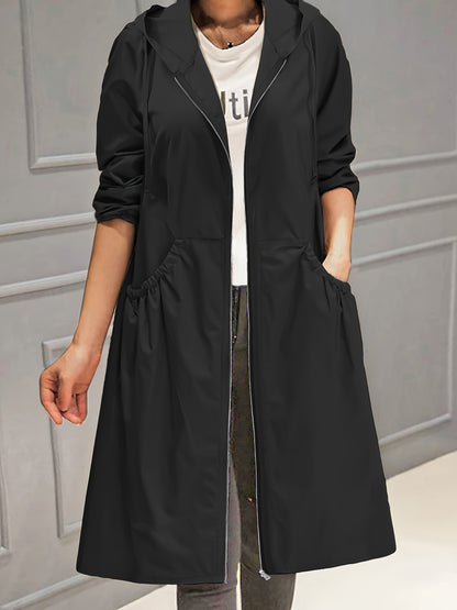vlovelaw  Plus Size Casual Trench Coat, Women's Plus Solid Long Sleeve Hooded Drawstring Zipper Longline Trench Coat With Pockets