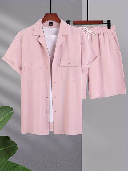 Mens Stylish Lapel Outfit Set - 2 Piece Short Sleeve & Shorts - Ultra-Comfortable Loose Lounge Wear for Effortless Casual Days