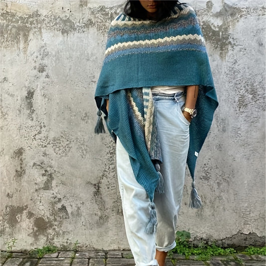 vlovelaw Bohemia Elegant Stretch Shawl Multi-color Striped Knitted Tassel Shawl Casual Warm Travel Outwear Wrap