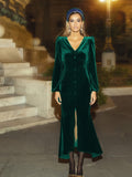 Button Front V Neck Dress, Elegant Solid Long Sleeve Party Dress, Women's Clothing