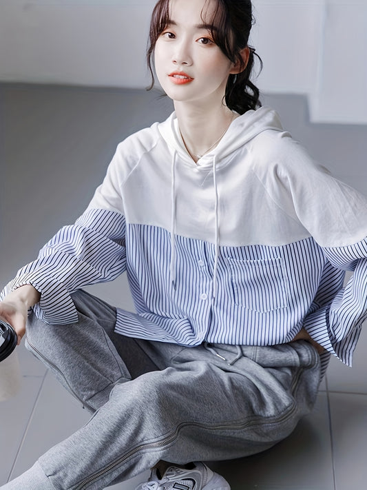 vlovelaw Color Block Button Front Drawstring Hoodie, Casual Long Sleeve Stylish Sweatshirt, Women's Clothing