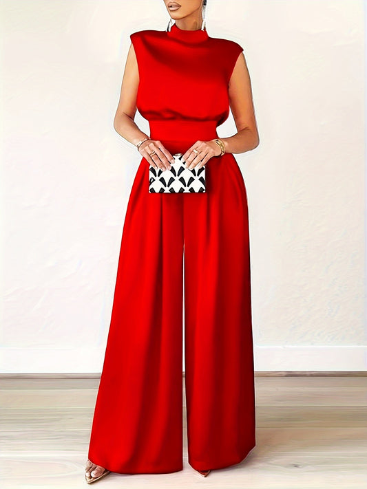 vlovelaw Plus Size Solid Wide Leg Jumpsuit, Elegant Cap Sleeve Mock Neck Jumpsuit, Women's Plus Size Clothing