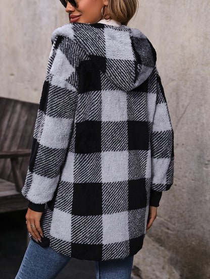 vlovelaw Plaid Print Hooded Teddy Coat, Casual Open Front Thermal Outerwear, Women's Clothing
