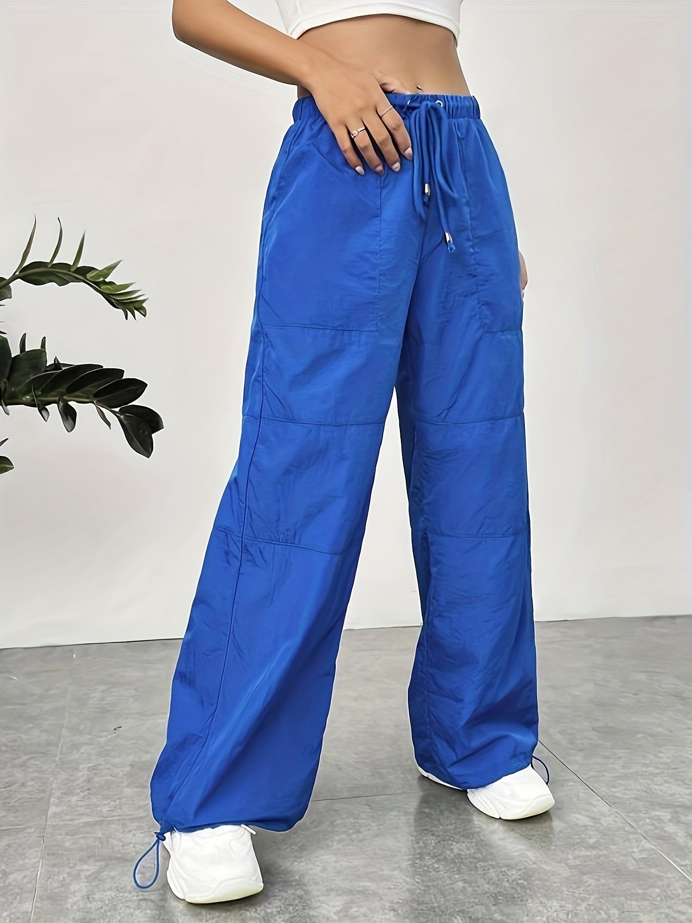 vlovelaw Solid Color Drawstring Cargo Pants, Y2K Slant Pockets Pants For Spring & Fall, Women's Clothing