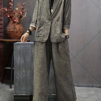 vlovelaw  Striped Print Casual Two-piece Set, Lapel One Button Long Sleeve Blazer & Long Length Wide Leg Pants Outfits, Women's Clothing