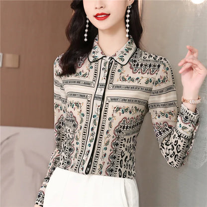 Ribbon Bow Women Silk Print Shirt Polka Dot Long Sleeve Button Up Blouses Office Ladies Casual Shirts Spring Autumn Designer Blouse Fine Elegant Tops Woman
